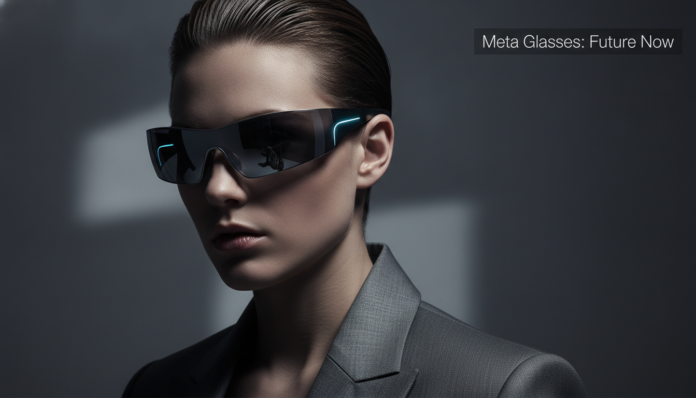 A stylish person wearing the newly launched Meta Glasses featuring smart AI capabilities