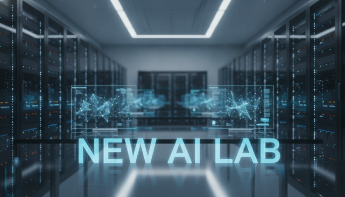 The interior of a modern and state-of-the-art facility representing a new AI lab with high-tech servers and holographic displays.