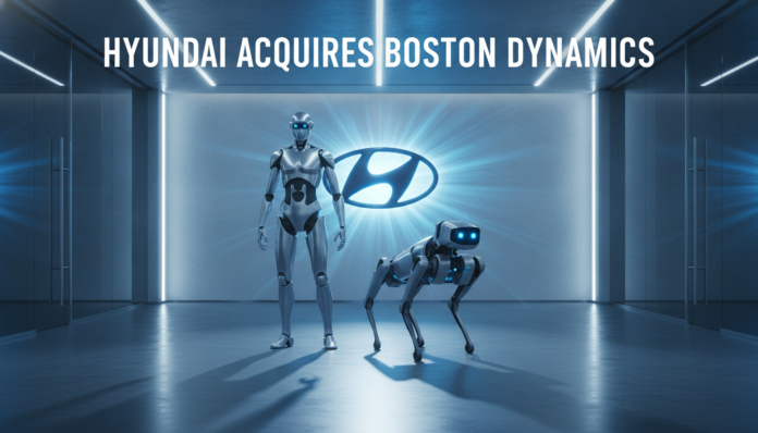 A high-tech corporate showroom illustrating that Hyundai reportedly set to buy out Boston Dynamics entirely, featuring advanced robots and modern branding.