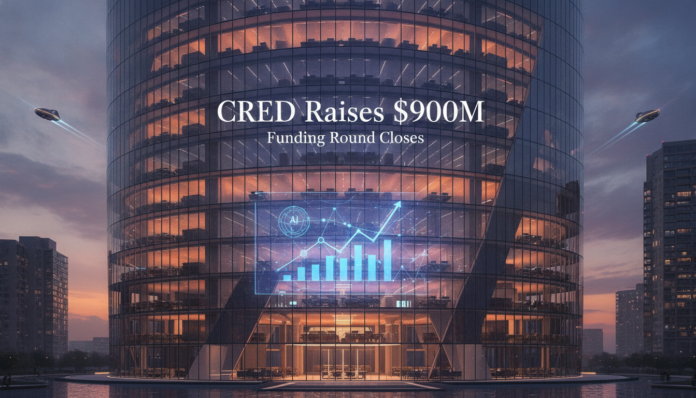 A futuristic corporate fintech office visualizing the news that CRED raises $900M from Meta for AI underwriting.