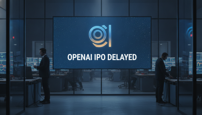 A digital display screen on a modern financial trading floor indicating the delay of the OpenAI IPO.