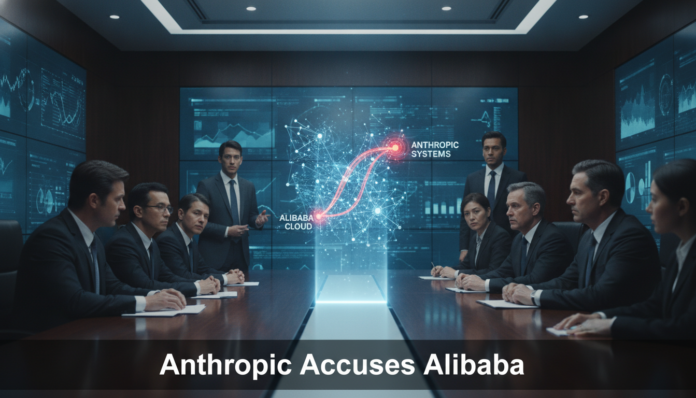 A high-tech digital graphic representing the dispute where Anthropic accuses Alibaba of model extraction.