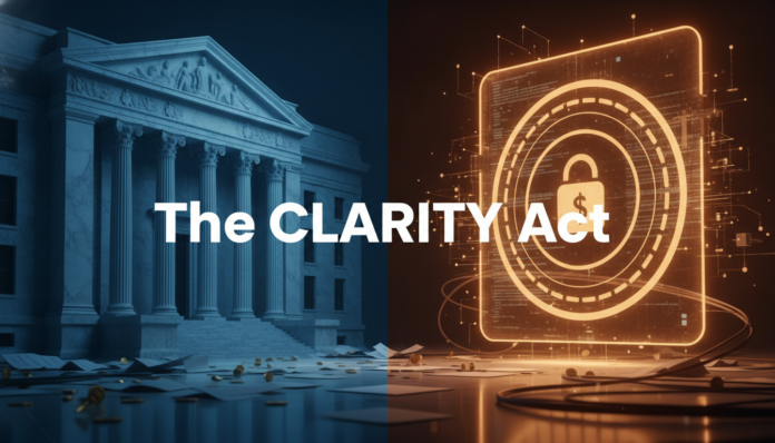 A conceptual visual representing the CLARITY Act debate between traditional banks and cryptocurrency platforms.