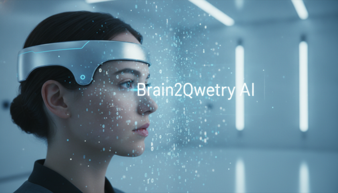 A futuristic neural interface translating brain waves into digital text, demonstrating the Brain2Qwerty technology.