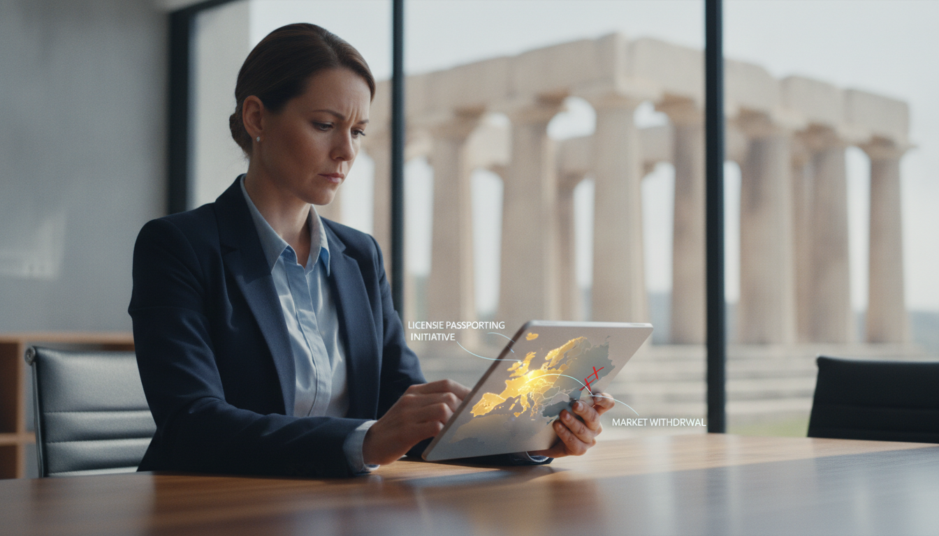 A financial professional analyzing license passporting challenges under the EU's MiCA regulation on a digital tablet.