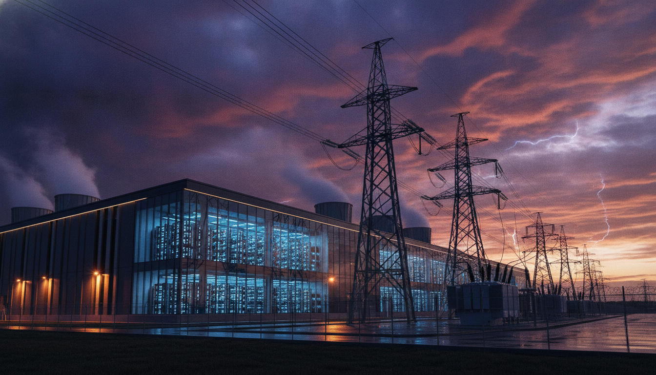 High-tech data centers and electrical grids depicting regulatory and energy strains related to the US Sovereign Wealth Fund proposal.
