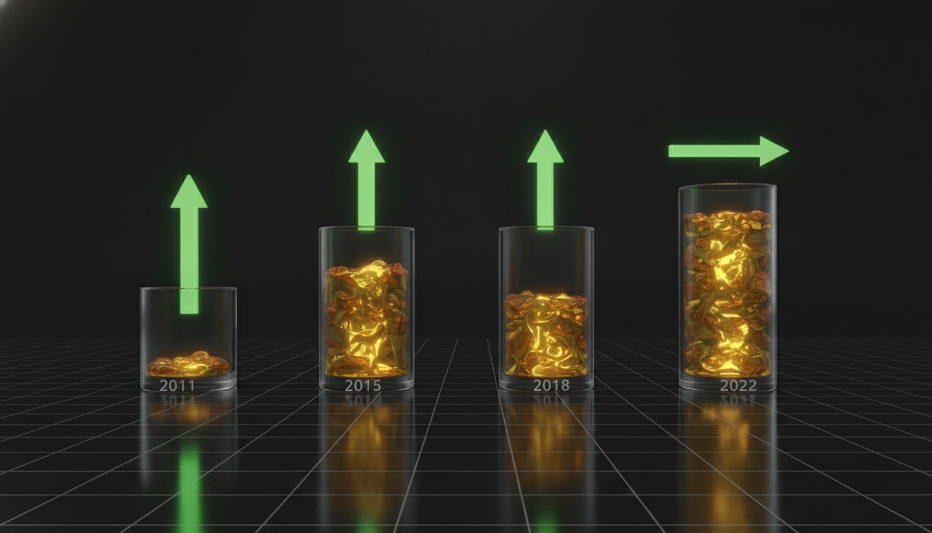 An abstract financial chart showing how massive capital inflows result in Bitcoin's diminishing returns over four consecutive market cycles.