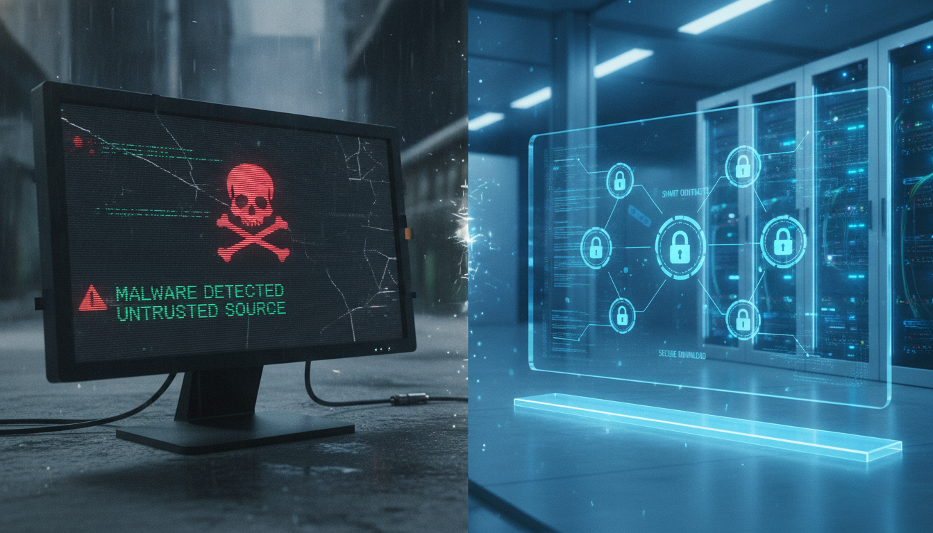 Visualizing the evolution from unsafe file sharing to secure new movies download systems using smart contracts.