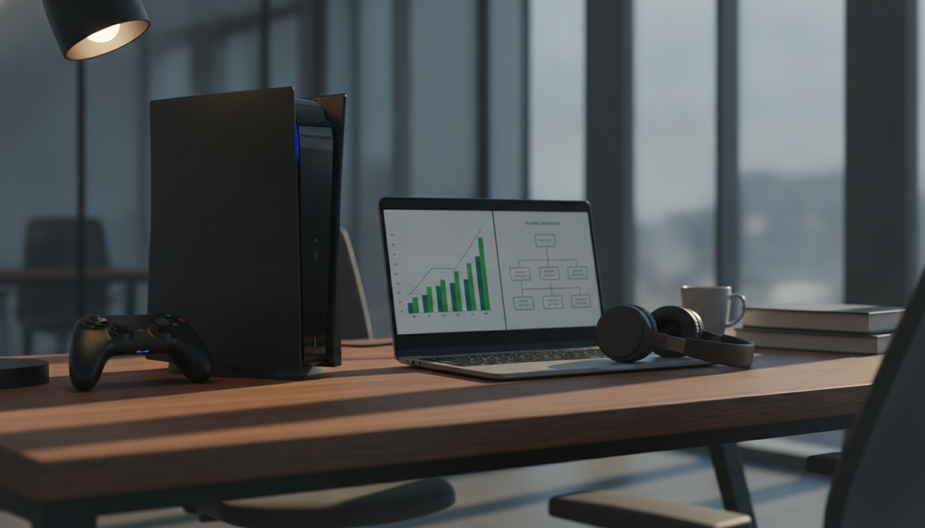 A workstation with a console and sales reports, illustrating the impact of the Microsoft layoffs on Xbox and commercial sectors.