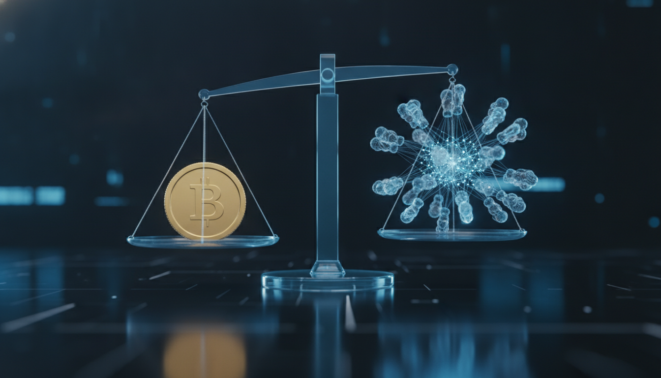 An abstract representation of decentralized DAO voting and token delegation, contrasting with a centralized Bitcoin Treasury Strategy 2025.