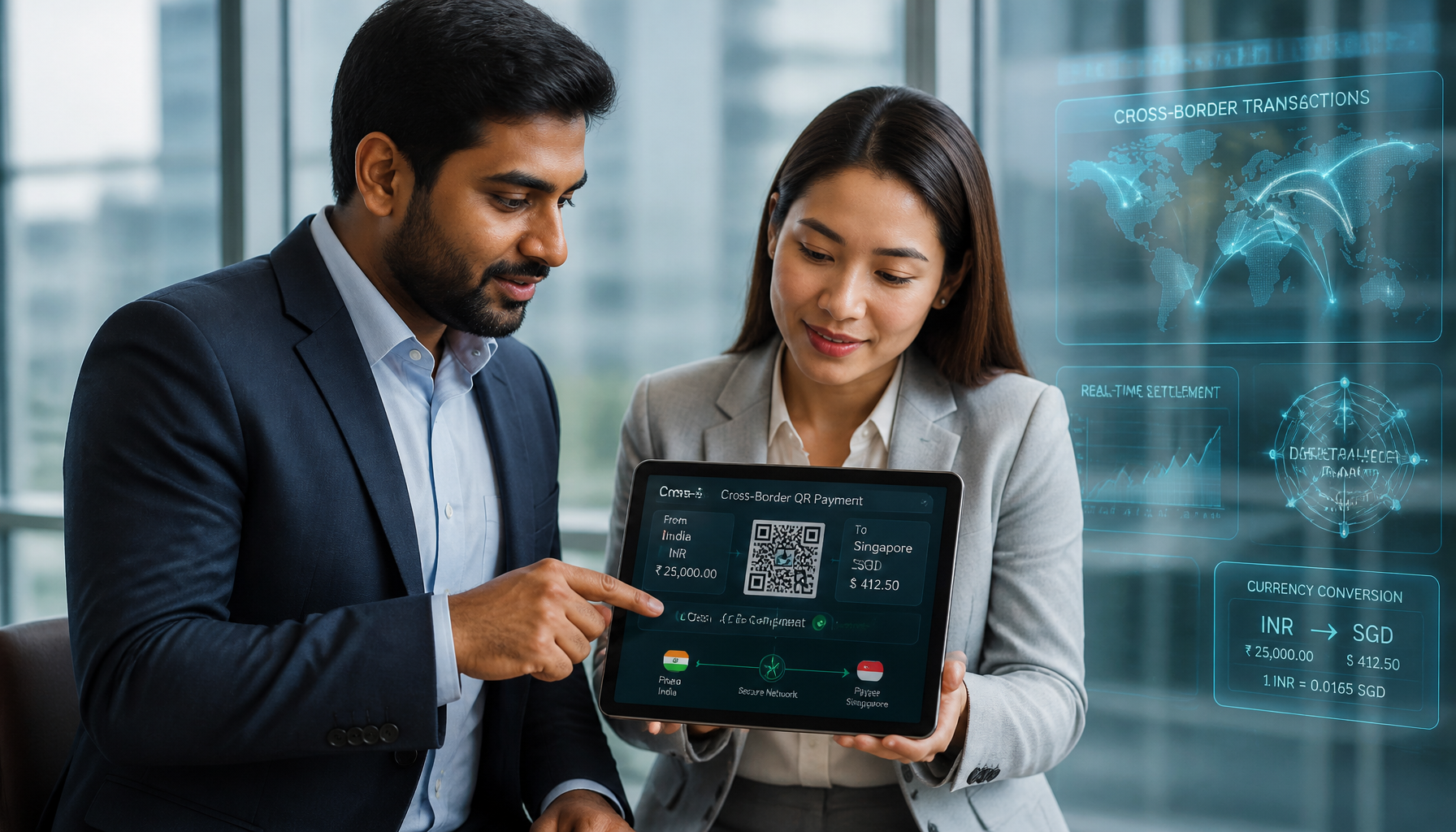Professionals analyzing a cross-border digital payment system representing Asia Fintech Market Trends.