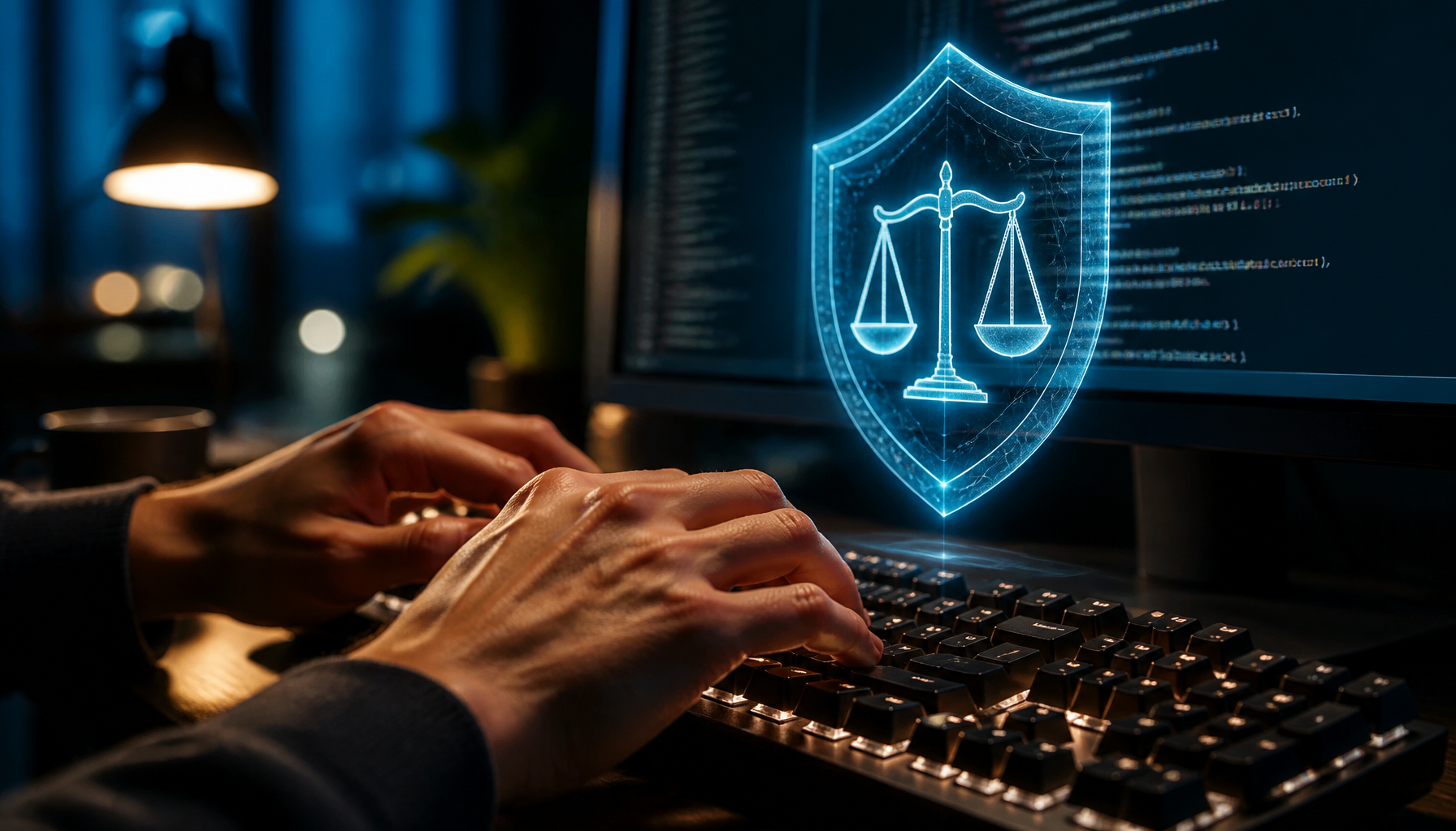 A developer coding securely under a digital shield of legal protection, representing the compliance standards of a Blockchain Development Company.