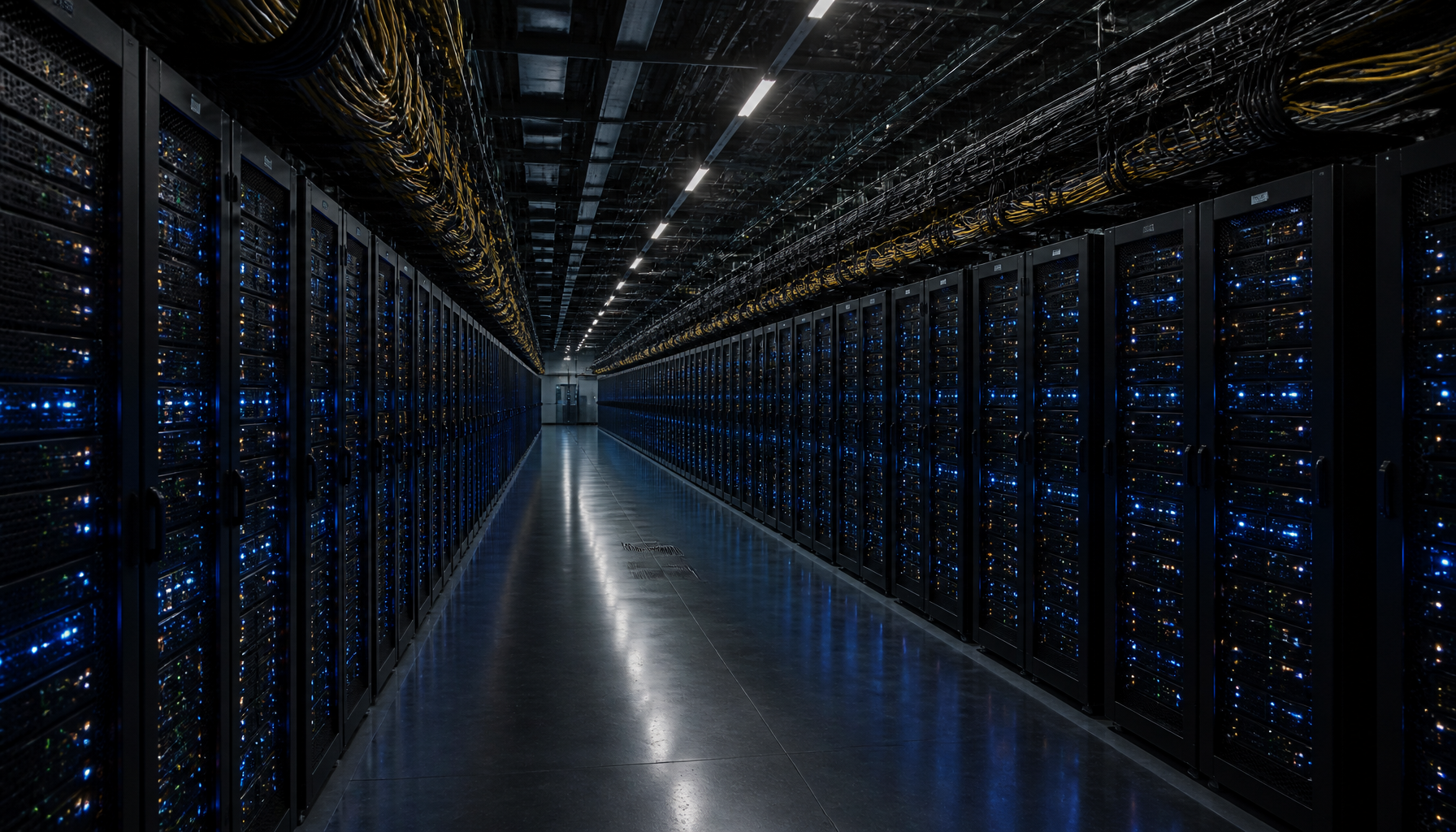 A massive high-tech data center showcasing the expensive infrastructure powering the AI giants race.