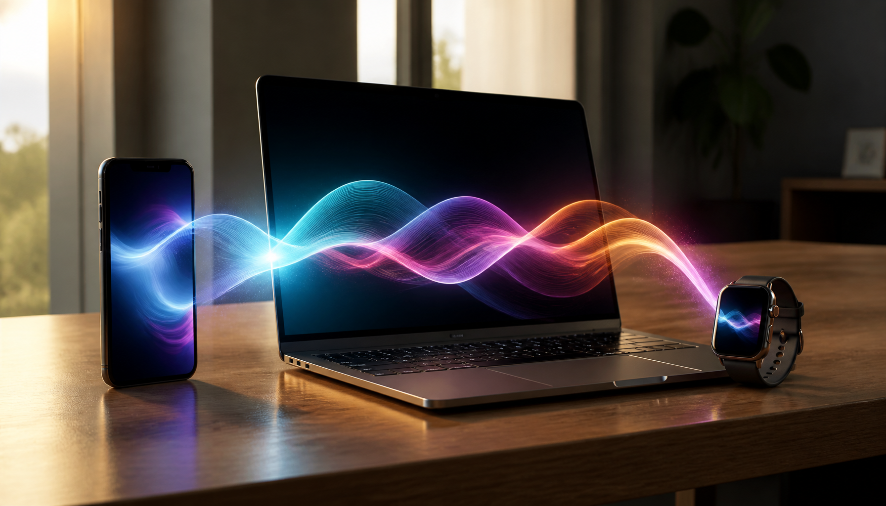 A modern multi-device ecosystem showcasing Siri's smart system integration as one of the key Types Of Ai Agents Shaping The Future.