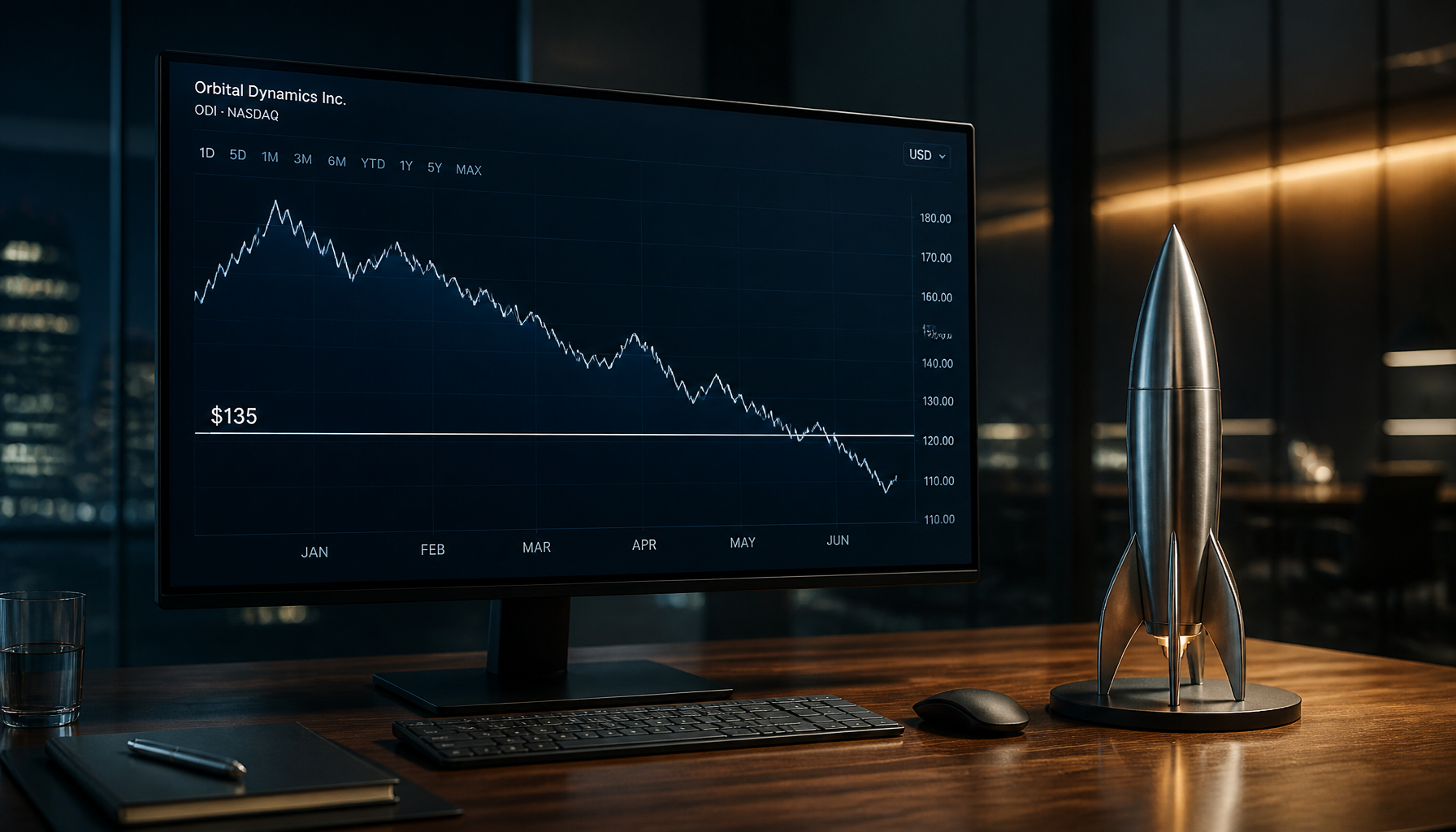 A declining tech stock chart next to a space rocket model, showing market cooling as the strategy officially pauses BTC purchases.