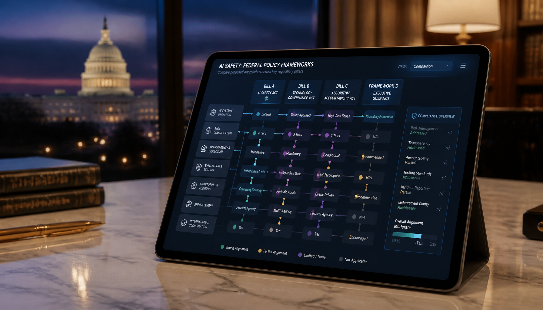 A digital tablet displaying legislative frameworks and security compliance options under the proposed AI Kill Switch Act.