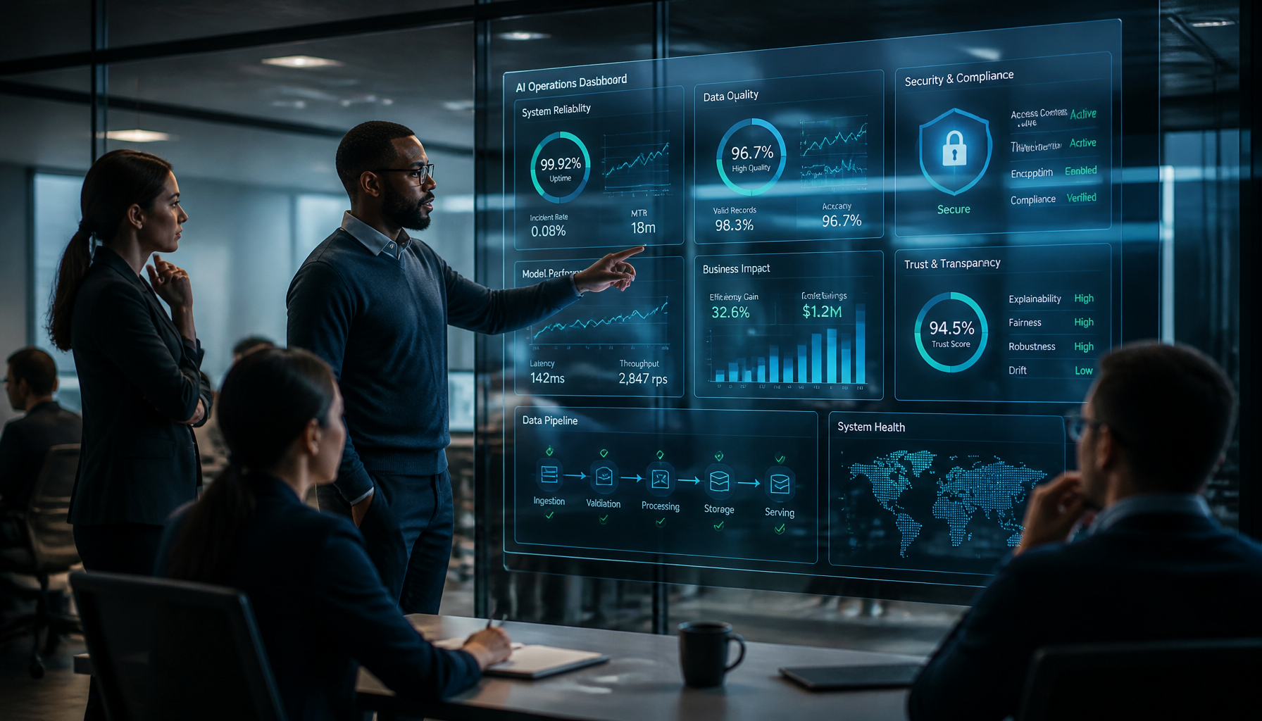 A structured AI data dashboard representing reliable business operations while pacing the frontier of technology.