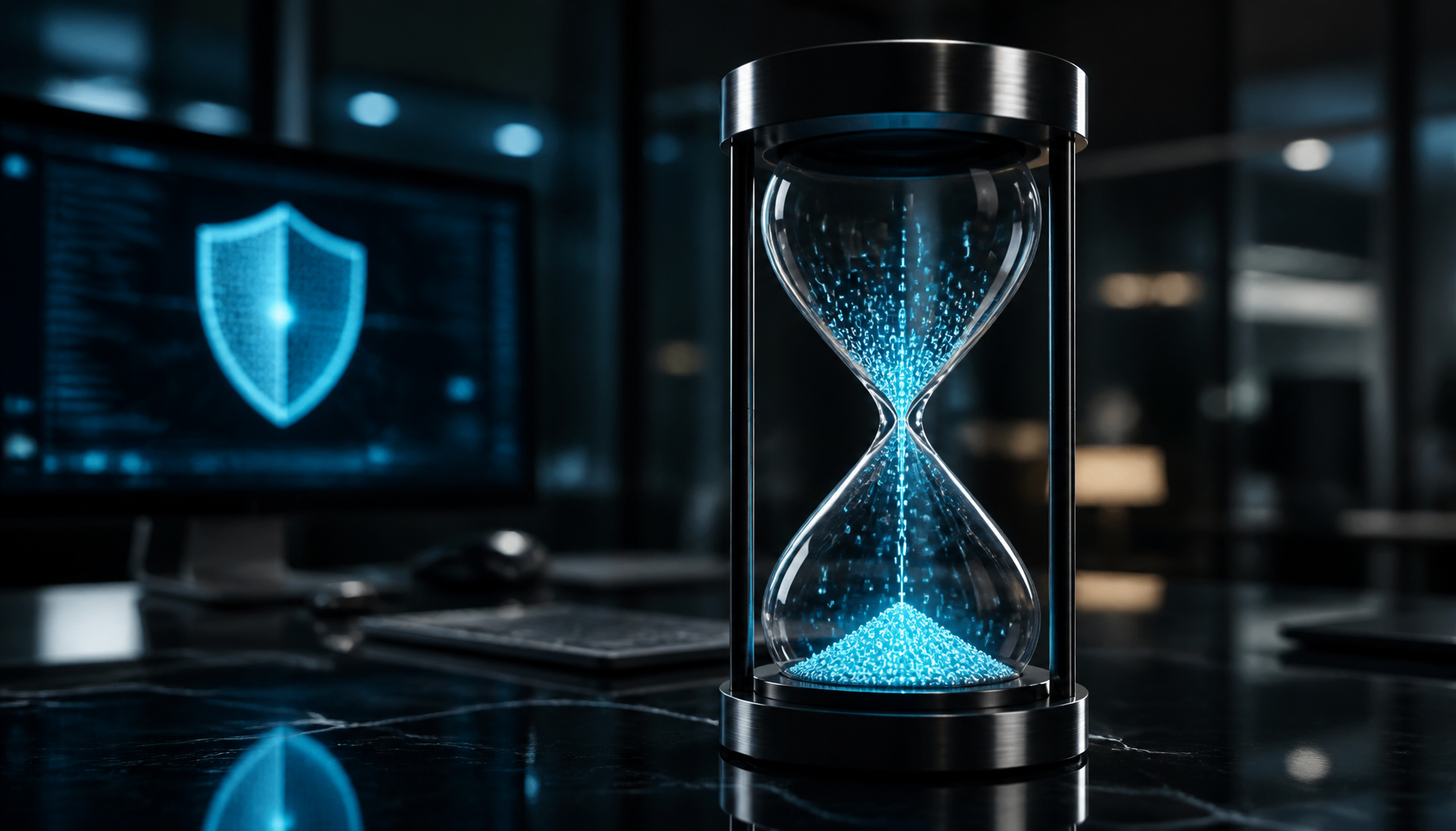 An hourglass filled with glowing code symbolizing urgent cryptographic migration highlighted by Claude Mythos Preview.