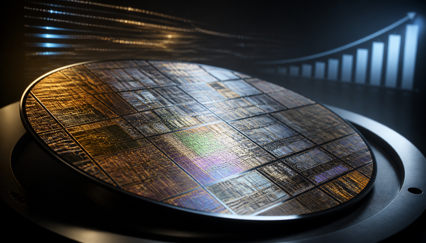 Detailed silicon wafer for advanced memory and AI hardware, showing market resilience despite fluctuations in chipmaker stock prices.