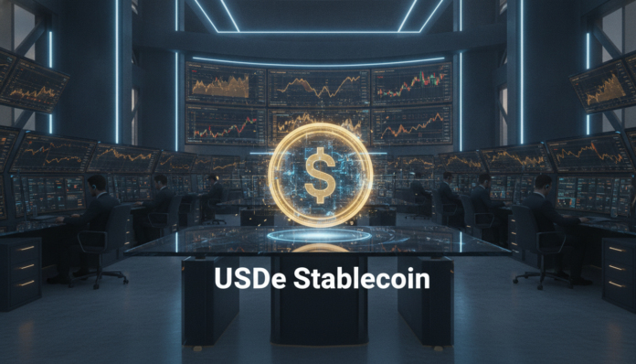 A futuristic trading floor featuring a glowing holographic coin representing the synthetic dollar stablecoin USDe with professional institutional branding.