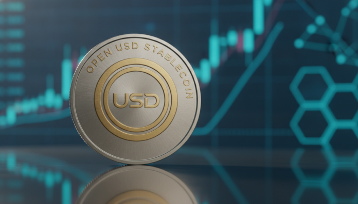 A professional and high-impact digital visualization of the Open USD stablecoin showing a sleek cryptographic coin amidst financial market charts.