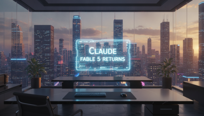 The official return of the Claude Fable 5 AI model displayed on a futuristic holographic screen in a modern workspace.