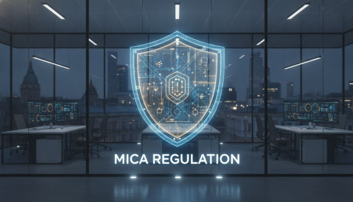 A high-tech digital shield representing the EU's MiCA regulation in a modern corporate office, symbolizing cryptocurrency compliance.