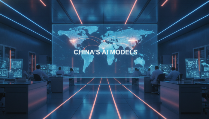 A high-tech visualization highlighting the competitive rise of China's AI models.