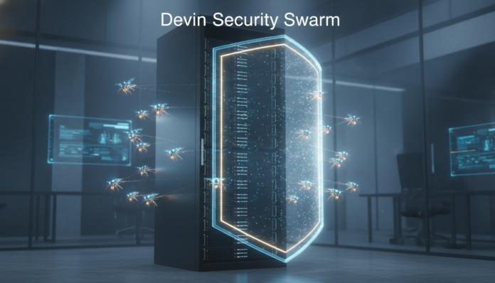 The Devin Security Swarm visualized as protective AI agents forming a glowing digital shield around a secure server