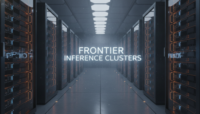 Modern server racks glowing inside a data center hosting frontier inference clusters.
