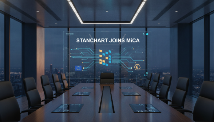 A modern corporate boardroom displaying digital compliance data, illustrating that StanChart joins ESMA's first MiCA register update.