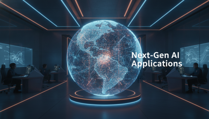 A futuristic command center highlighting global networks, representing advanced Ai Applications.