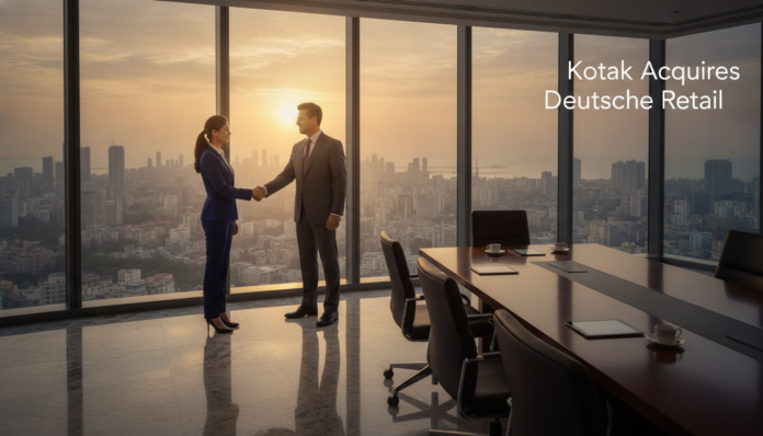 A corporate acquisition scene representing how Kotak acquired Deutsche Bank India retail ops.