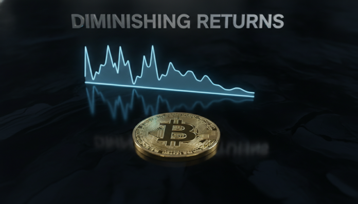 A professional concept visualization depicting Bitcoin's diminishing returns with a glowing holographic chart and a physical coin.