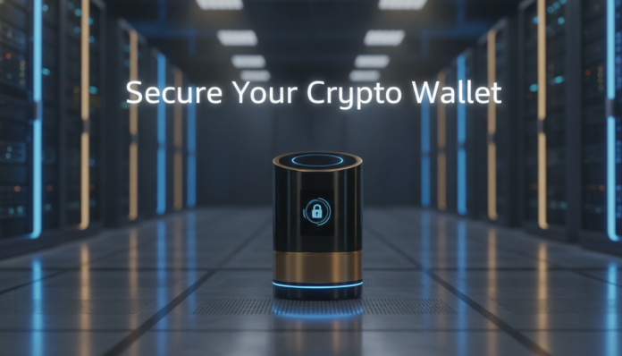 A sleek futuristic hardware crypto wallet illuminated by blue LED lights in a secure institutional server room.