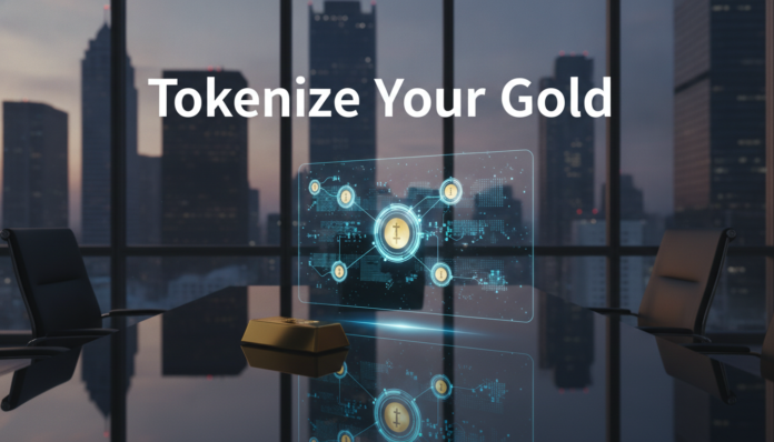A modern digital asset concept created by a premier gold tokenization development company showing physical gold transforming into tokens.