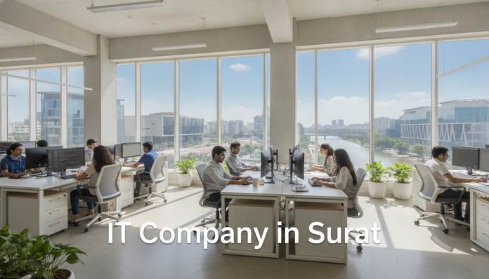 A modern office space of a leading IT company in Surat featuring developers working at high-tech workstations.