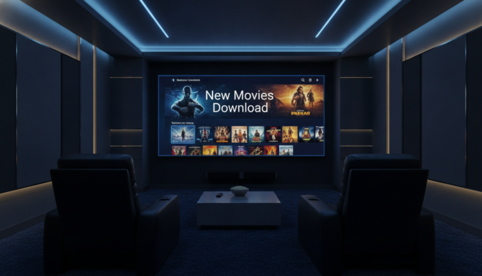 A premium home theater setup showcasing a modern interface for a new movies download.