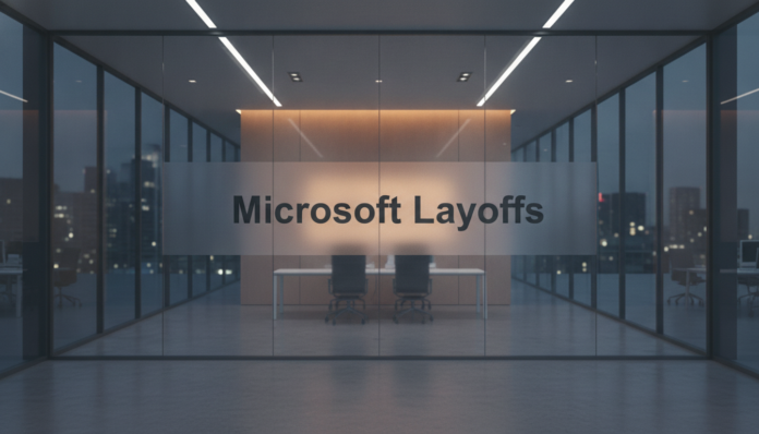 A modern corporate office lobby featuring a glass panel with the text Microsoft layoffs, reflecting corporate changes.