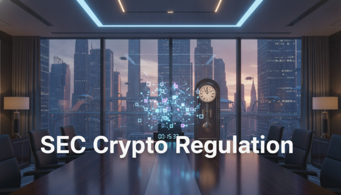 A professional boardroom setting highlighting Regulation Crypto SEC with a holographic blockchain and a clock.