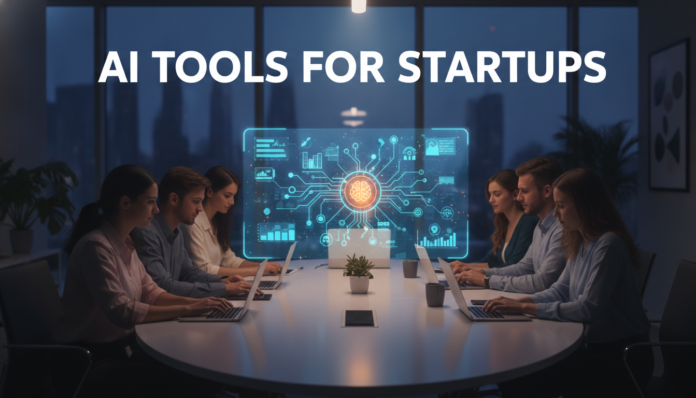 A modern tech workspace showcasing the top generative AI tools for startups on interactive screens.