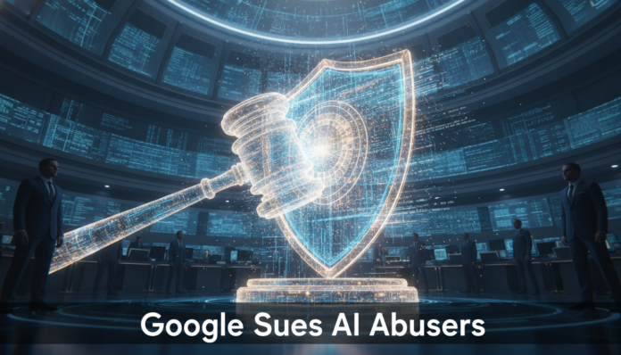 A modern digital legal concept illustrating the landmark case where Google Sues AI Abusers.