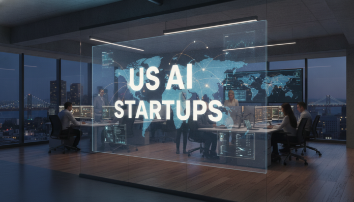 US AI startups shifting technologies in a modern office overlooking a city skyline at dusk.