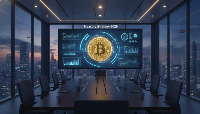 A modern corporate boardroom showcasing a futuristic Bitcoin Treasury Strategy 2025 display with glowing financial data.