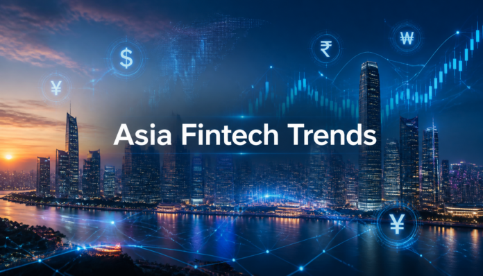 A modern Asian financial district with digital network overlays illustrating the Asia Fintech Market Trends.