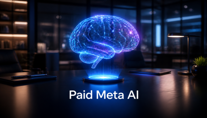 A premium digital representation of a brain hologram symbolizing how Meta offers its AI model for the first time, with a price