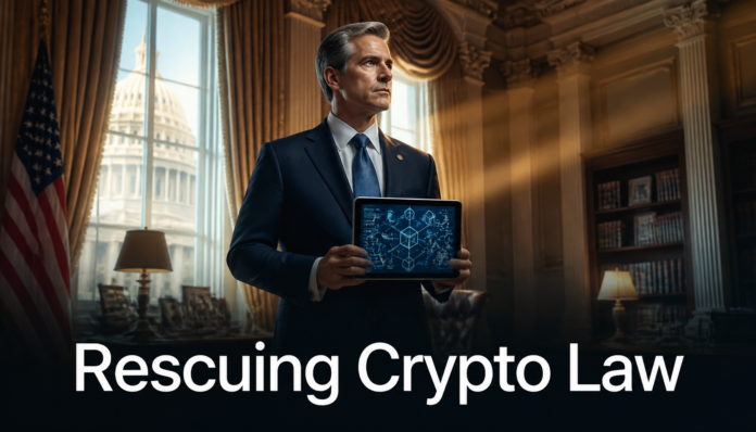 A Senator’s fight to rescue crypto law’s most controversial line illustrated by a legislator holding a digital crypto document.