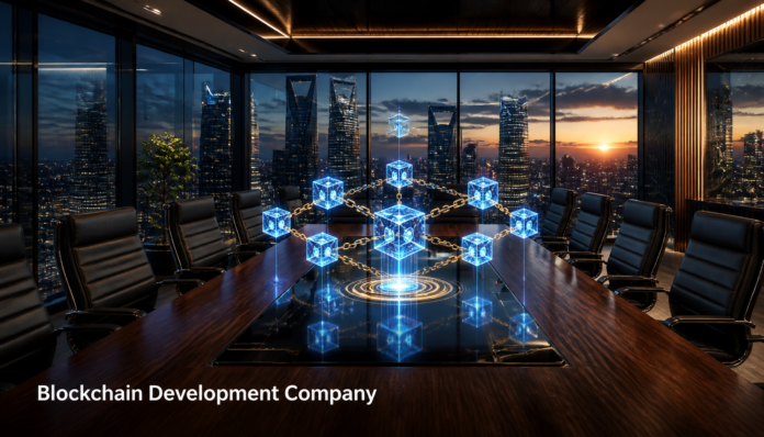A modern corporate boardroom featuring a glowing holographic network, illustrating a professional Blockchain Development Company.