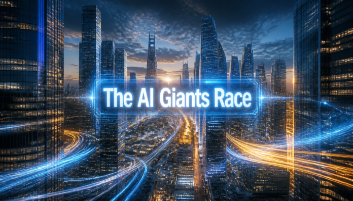 A futuristic city skyline symbolizing the high-stakes AI giants race with holographic text overlay.