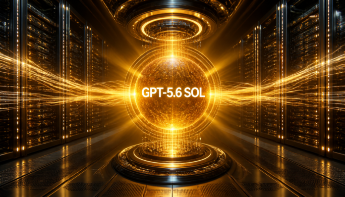 A glowing golden AI core representing the newly launched GPT-5.6 Sol model in a futuristic server room.